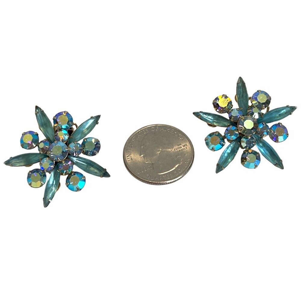 Judy Lee Aqua Blue AB Rhinestone Brooch Pin Clip On Earrings Set Starburst VTG - Picture 15 of 16
